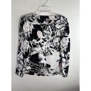 Chicos Navy & White Floral Career Sz 2 Large Women’s Blouse Long Sleeve Stretch